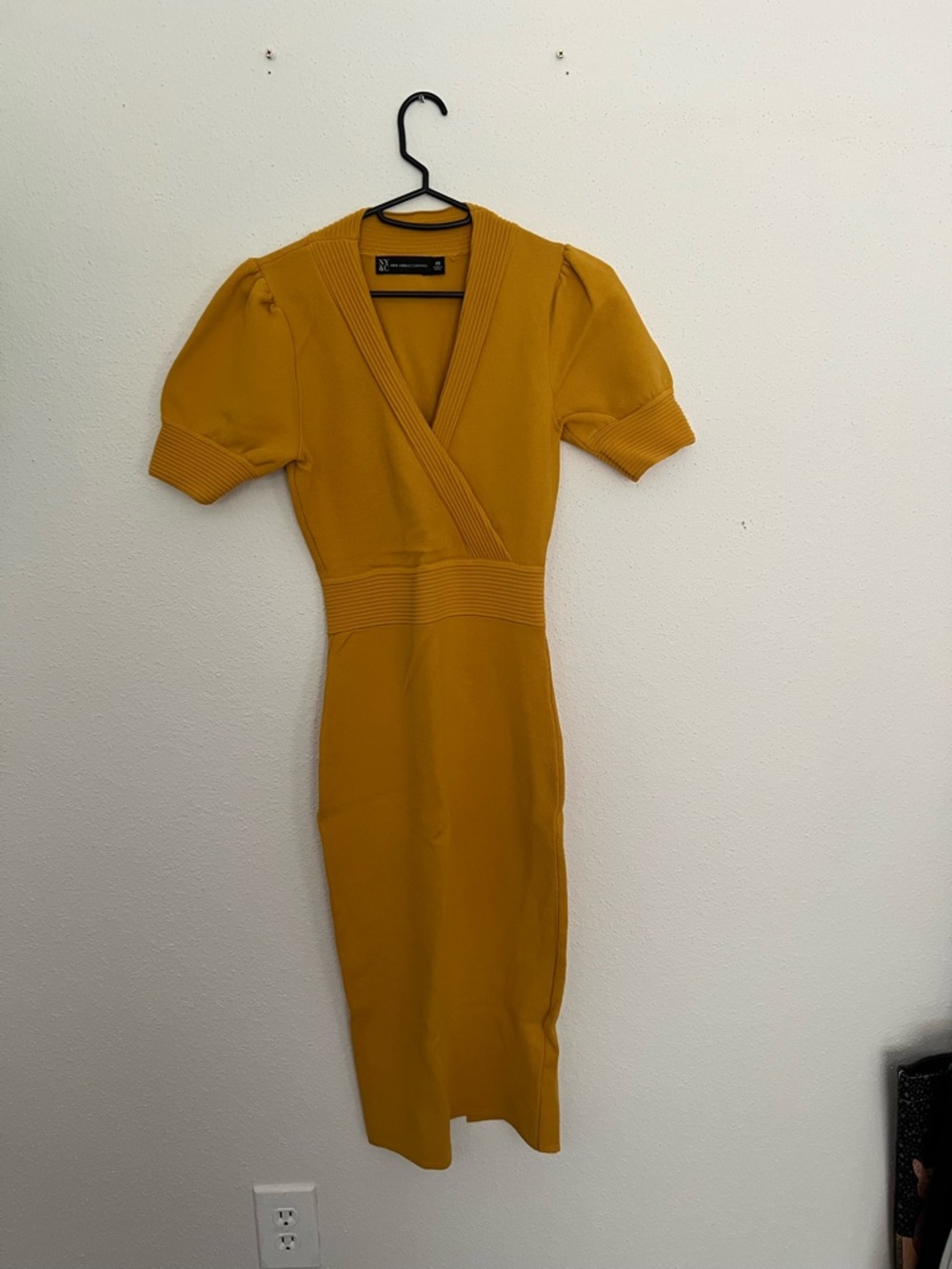New York & Company Mustard Puff-Sleeve Wrap Midi Dress